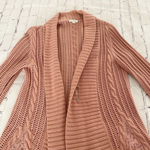 Garnet Hill Dusty Pink Knit Open Front Cardigan with Lace Panels Cashmere Blend - Picture 6 of 14